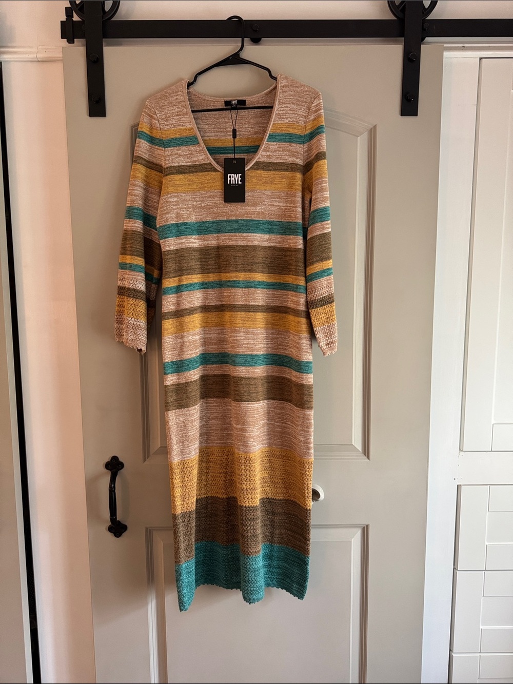 FRYE Striped V‑Neck Midi Dress in Teal, Mustard & Taupe